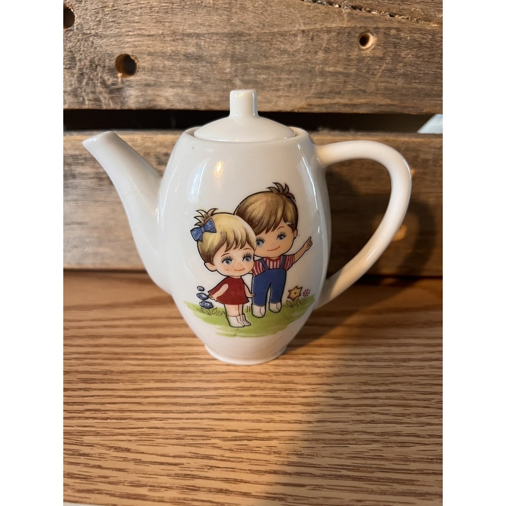 Vintage Porcelain Child's Teapot with Boy and Girl Japan